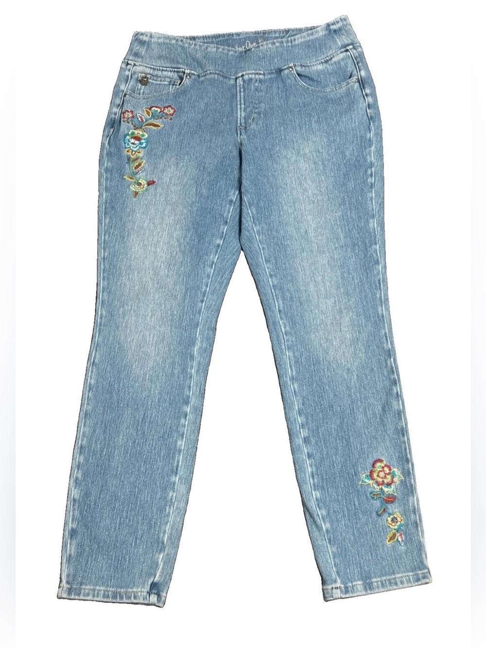 Belle by Kim Gravel Flexibelle Floral Embroidered Pull On Jeans Size 14
